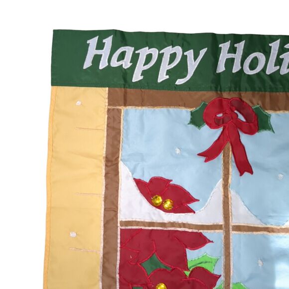 Embroidered Happy Holidays Flag Double Side 29.5"x43.5" Winter Window Snow Holly - Picture 12 of 13